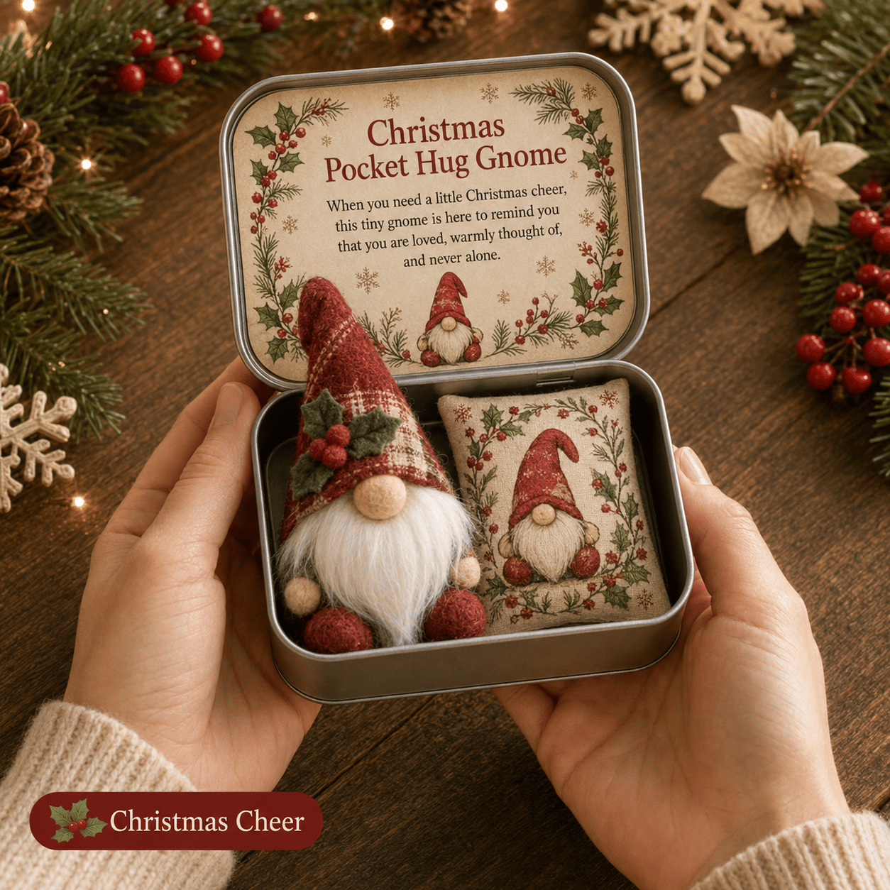 💌 Pocket Hug Gnome Comfort Gift Tin | Mini Plush Keepsake with Heartfelt Message, Matching Cushion & Protective Metal Case 🧸✨