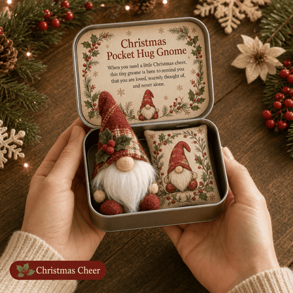 💌 Pocket Hug Gnome Comfort Gift Tin | Mini Plush Keepsake with Heartfelt Message, Matching Cushion & Protective Metal Case 🧸✨