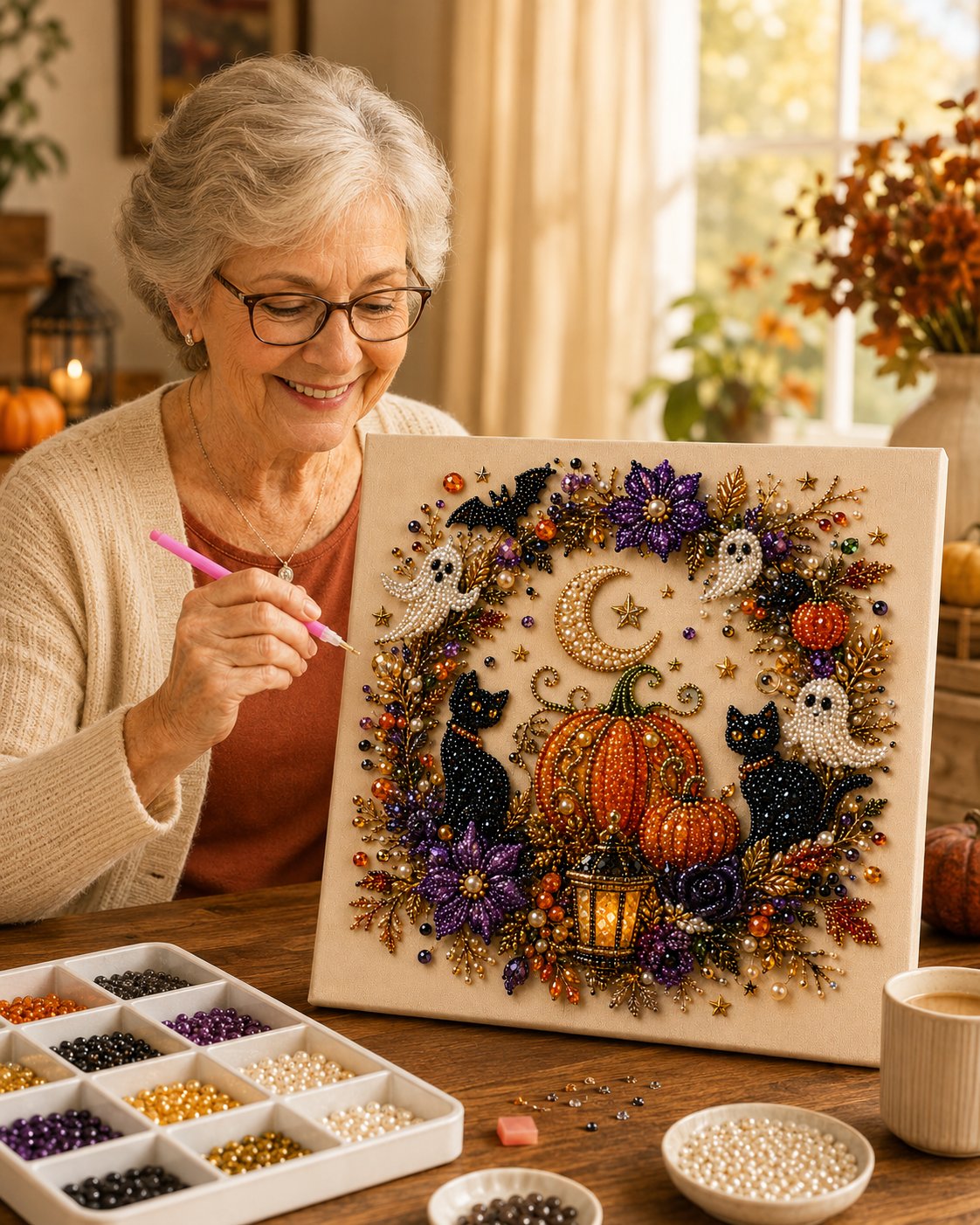 💥 Last Day 49% OFF – 🧙‍♀️✨ Halloween Pearl Art DIY Kit – Turn Tiny Pearls into Spooky-Cute Magic